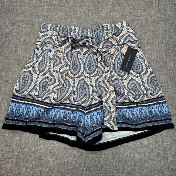 Tommy Hilfiger Pants - Tommy Hilfiger Paisley Shorts Women Medium Blue Belted Tie Waist Boho Resort NEW